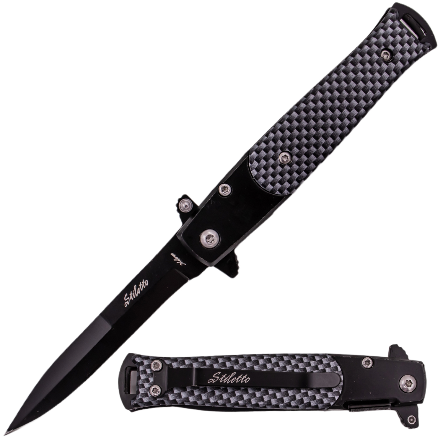 Godfather Style Stiletto Style Folding Knife, Carbon Fiber