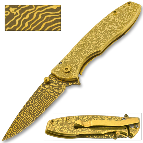 Golden Damascus Pattern Trigger Knife