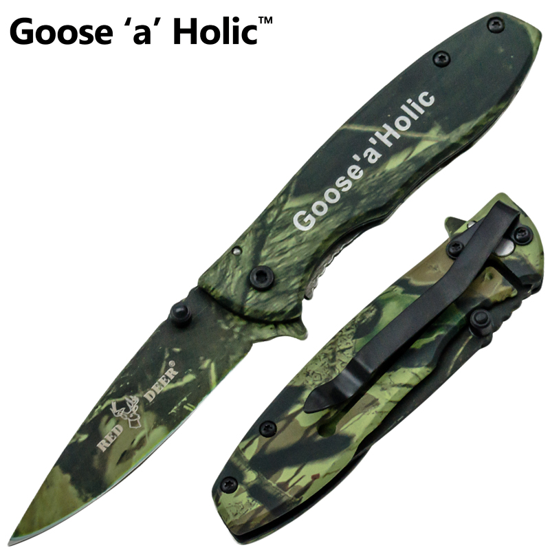 Goose A' Holic Spring Assisted Red Deer Knife, Green Camo