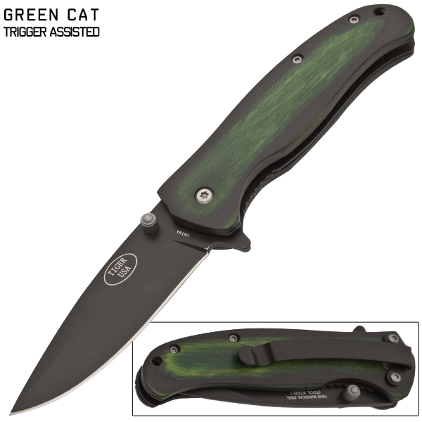 Green Cat 1045 Surgical Steel Folding Knife W/Clip