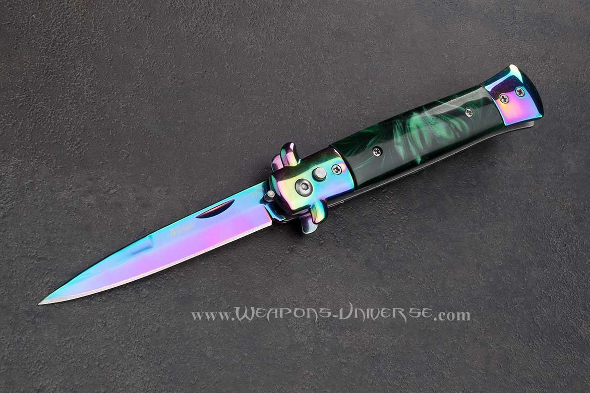 Green Marble Deluxe Rainbow Switchblade Automatic Knife