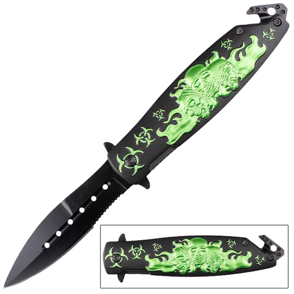 Green Skull Flame Biohazard Spring Assisted Knife