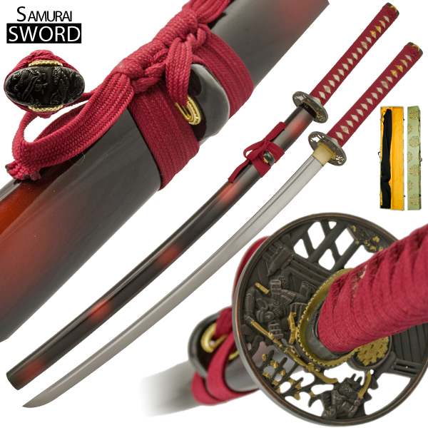 Handmade Samurai Maroon Katana Sword Set