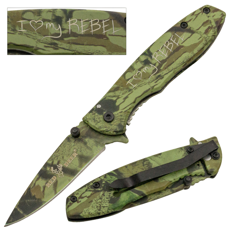 I Love My Rebel Spring Assisted Red Deer Knife