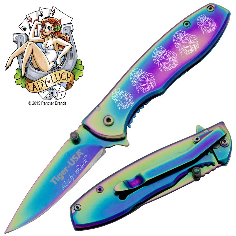 Lady Luck Rainbow Tiger Spring Assisted Knife