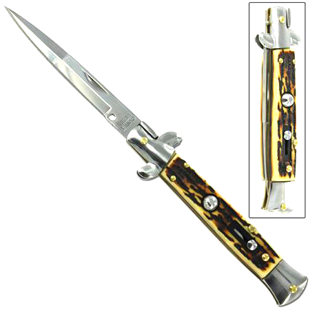 Mafia Italian Switchblade Knife Silver Stag