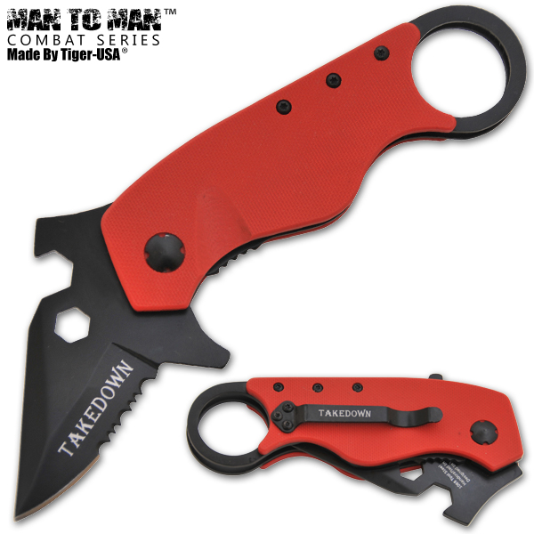 Man Kombat Takedown Tech Spring Assisted Knife, Red