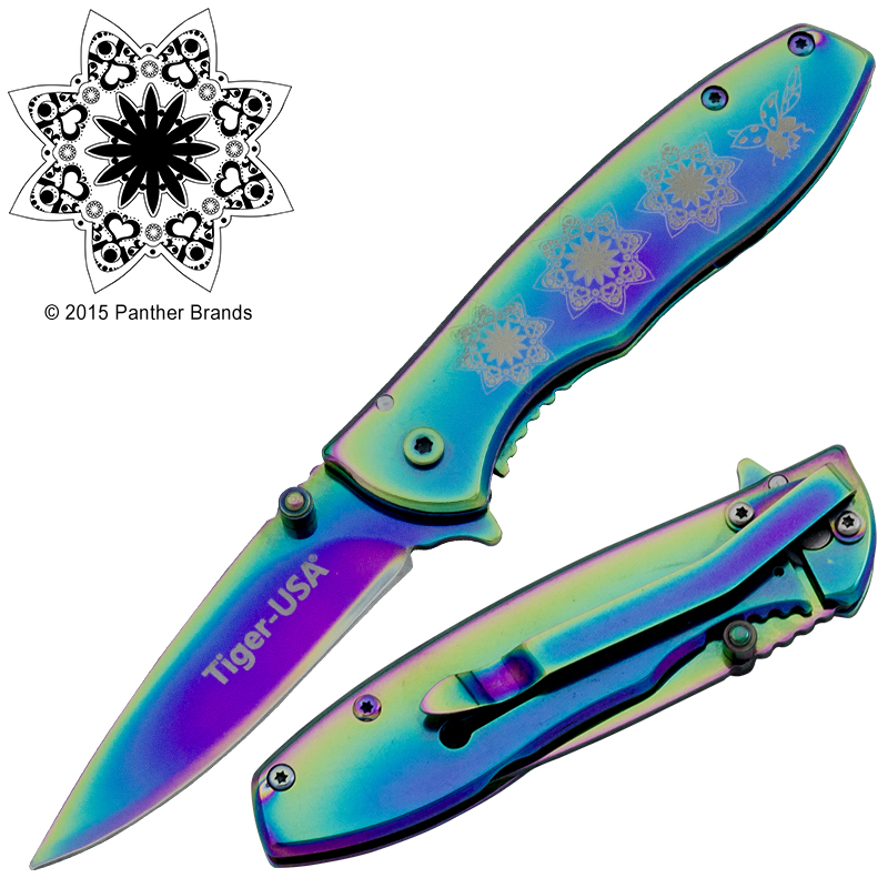 Mandala Star Spring Assisted Knife, Rainbow