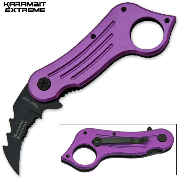 Mini Combat Karambit Spring Assisted Knife, Purple