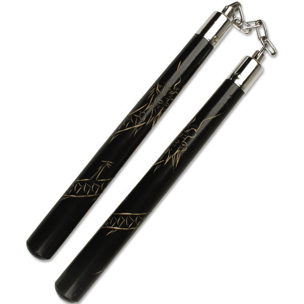 Nunchucks, Carved Dragon, Black, Chain