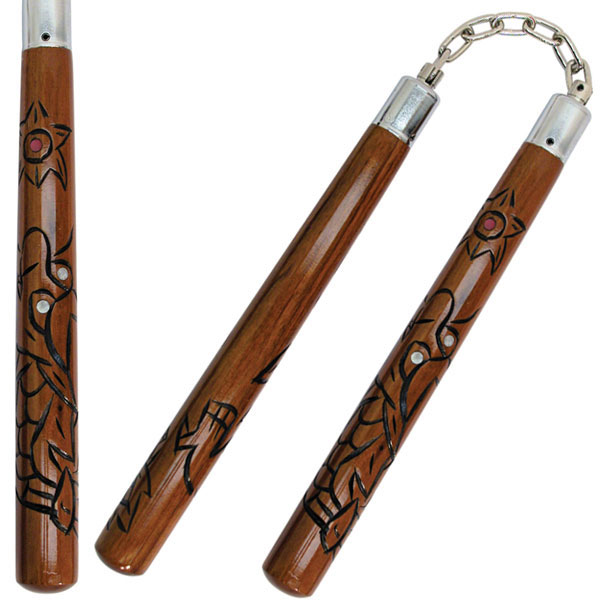 Nunchucks, Carved Dragon, Brown, Chain