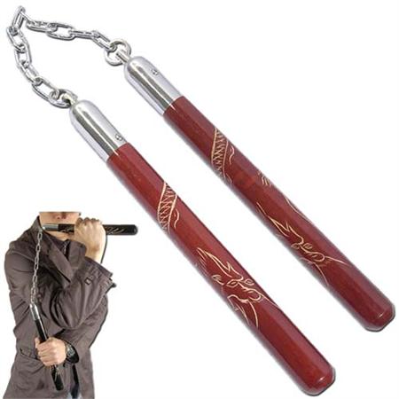 Nunchucks, Double Dragon Carved, Maroon, Chain