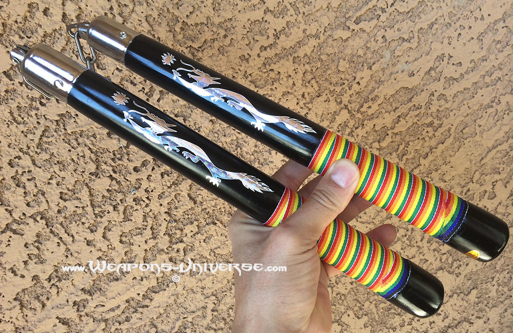 Nunchucks, Metallic Dragon, Colored Fabric Grip, Wood, Chain, HP-C133RBD