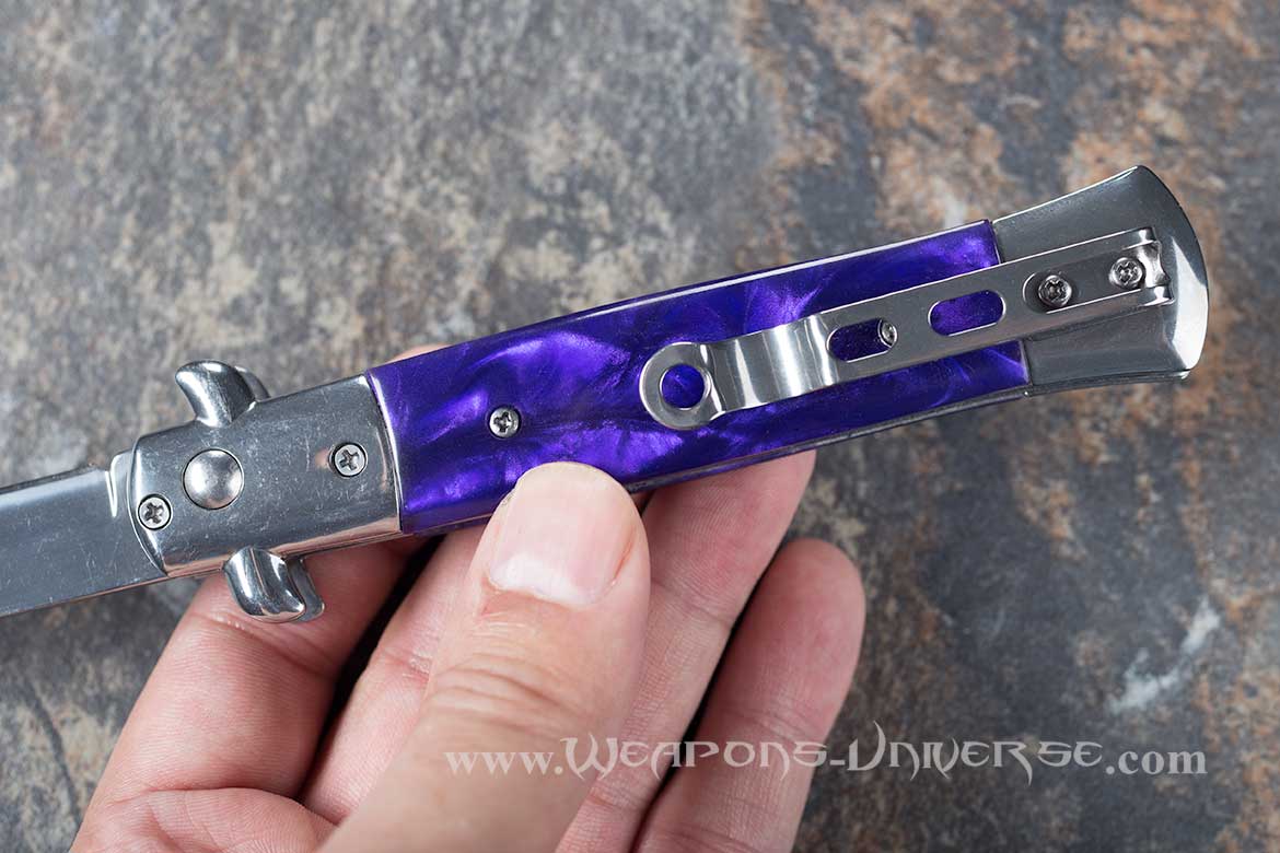 Purple Marble Switchblade Automatic Knife, Pocket Clip