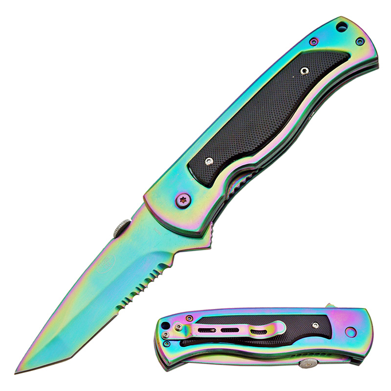 Rainbow Traditional Tanto Blade Folding Knife W/Clip