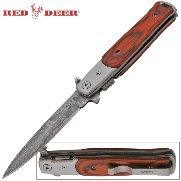 Red Deer Damascus Steel Spring Assisted Knife Stiletto Style