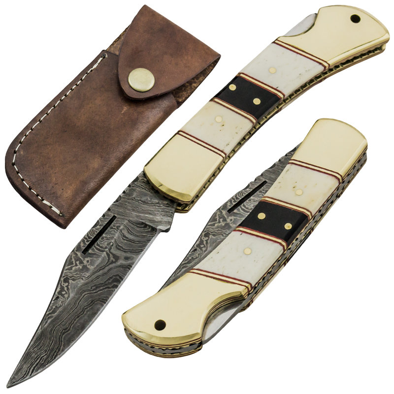 Red Deer Fine Damascus Back Lock Folding Knife