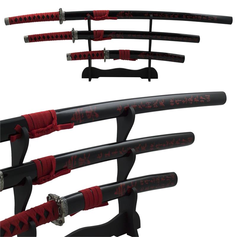 Red Writing Samurai Katana 3 Piece Sword Set