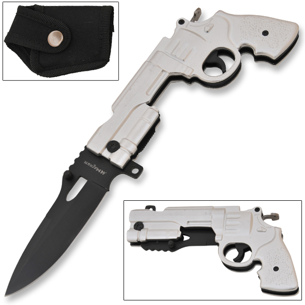 Spring Assisted 0.44 Mag Pistol Knife, Silver