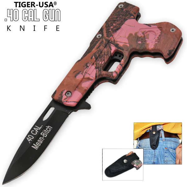 Spring Assisted .40 Cal. Pistol Knife, Camo 8 (Mean Bitch)-W/ Sheath