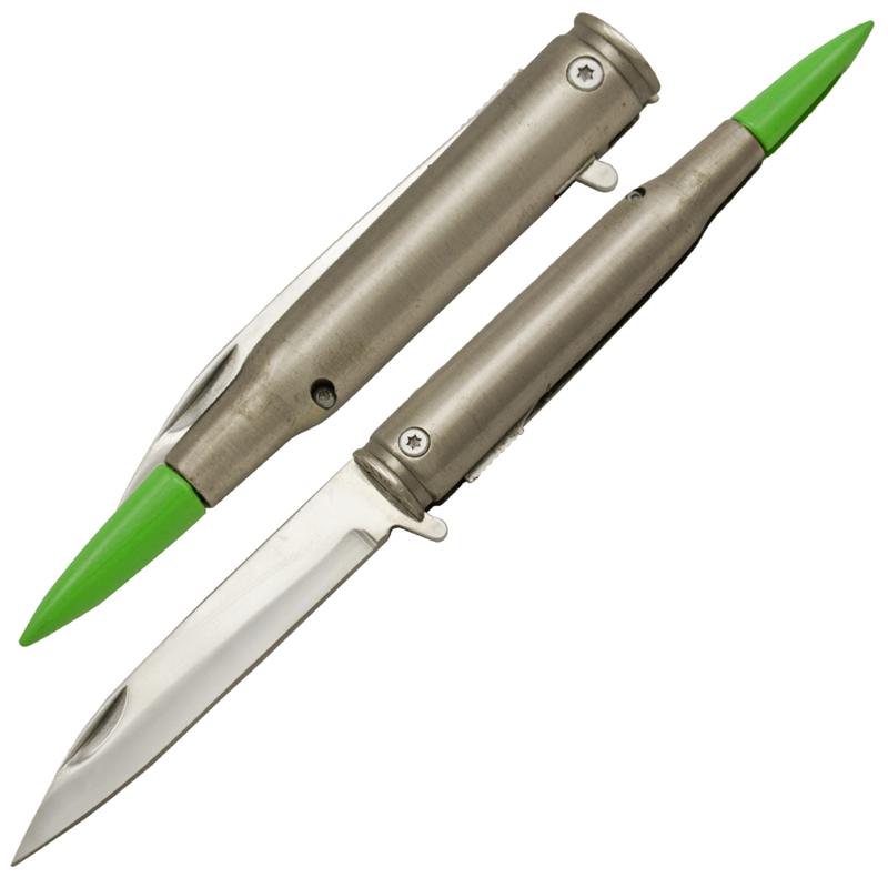 Spring Assisted Bullet Knife - Green Tip