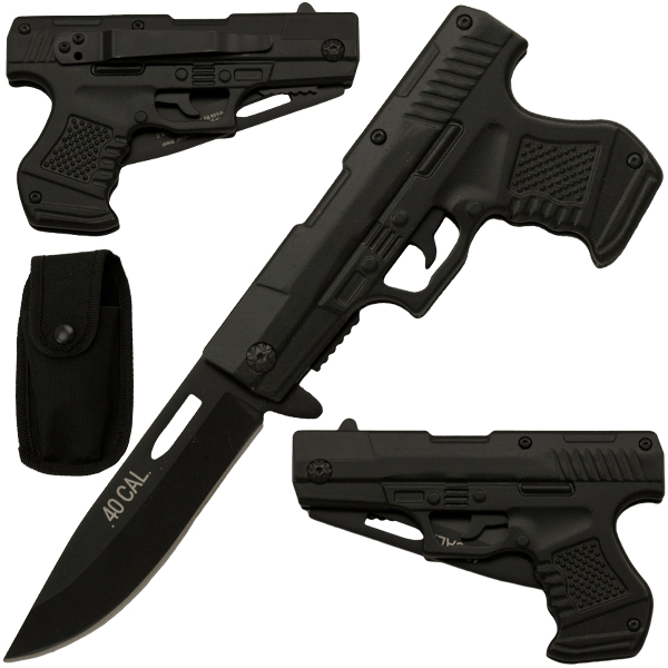 Spring Assisted Gun Pistol Knife - Black
