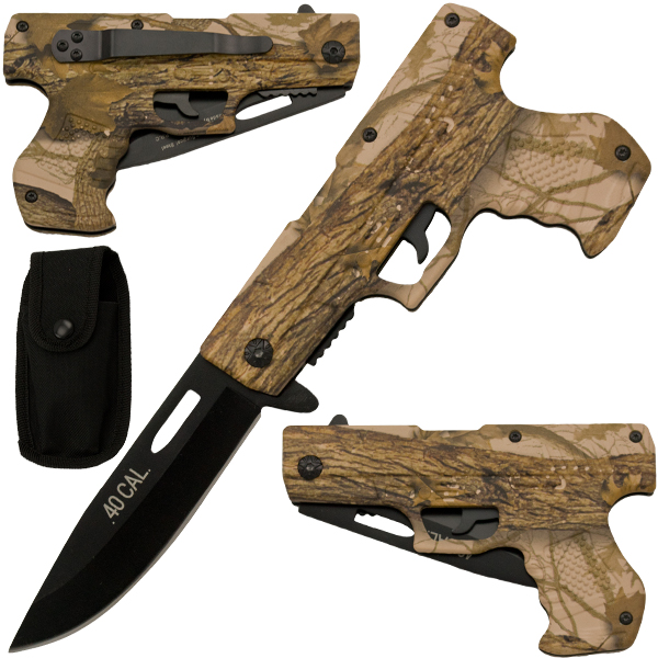 Spring Assisted Gun Pistol Knife - Camo 5
