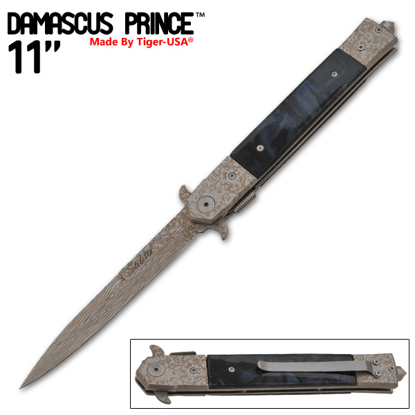 11 Inch "Damascus Prince" stiletto style Style Knife (Black Diamond) IT-611-26