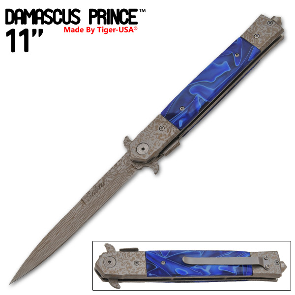 11 Inch "Damascus Prince" stiletto style Style Knife (Blue White Swirl) IT-611-28