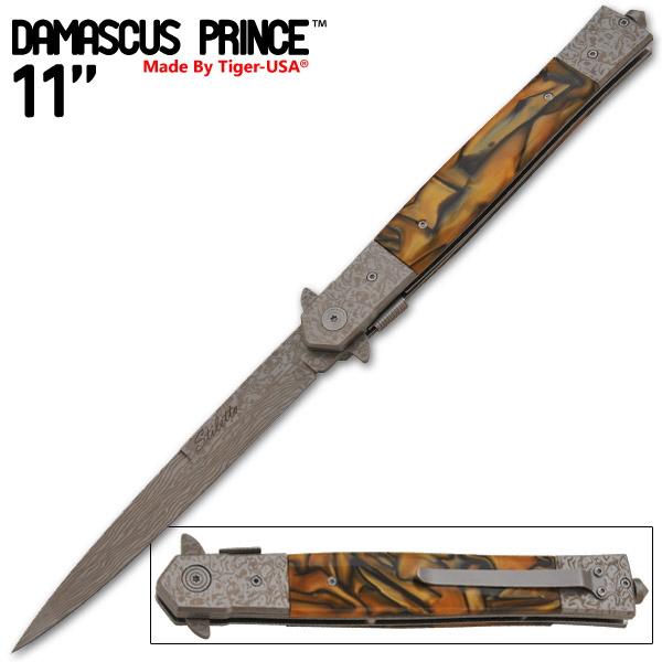 11 Inch "Damascus Prince" stiletto style Style Knife (Ember Gold) IT-611-06