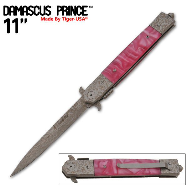 11 Inch "Damascus Prince" stiletto style Style Knife (Pink) IT-611-07