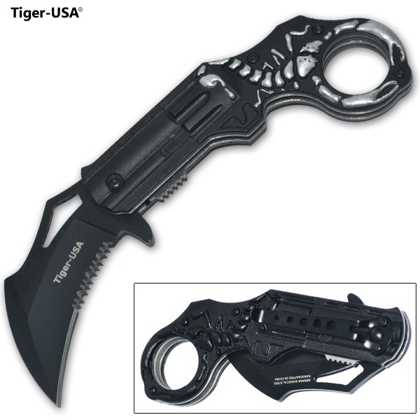 6.5 Inch Tiger-USA Scorpion Gun Sting Blast Trigger Knife Silver PA0209-BK-SL