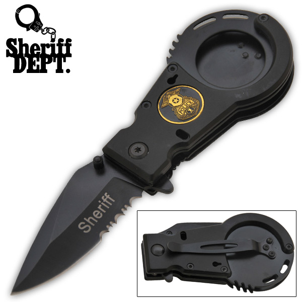 6 Inch Sheriff Handcuffs Trigger Assisted Knife - Black K-253
