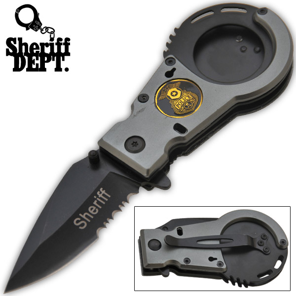 6 Inch Sheriff Handcuffs Trigger Assisted Knife - Grey K-254