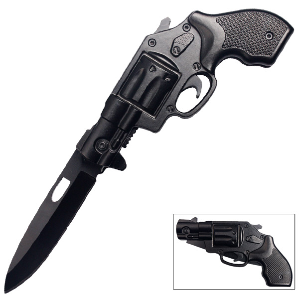 6 Shooter Revolver Pistol Trigger Assisted Knife - Black KS4302BK