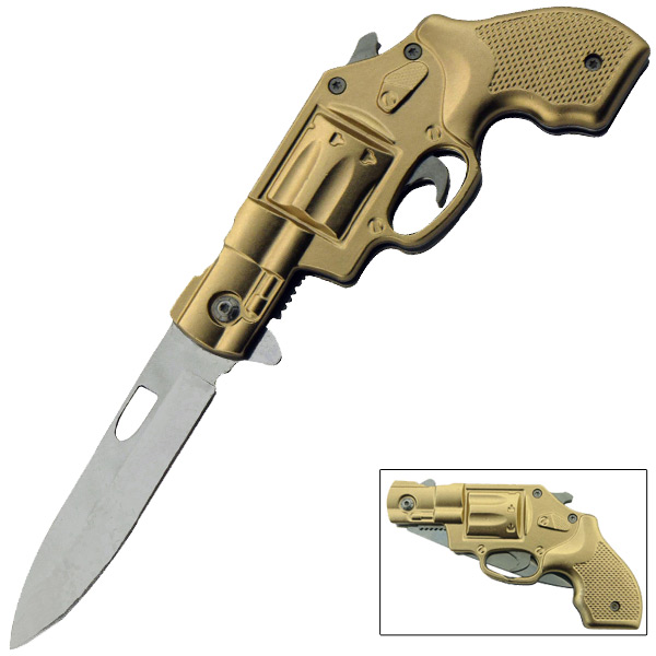 6 Shooter Revolver Pistol Trigger Assisted Knife - Gold KS4302GD