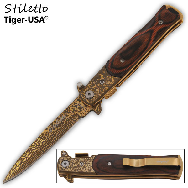 7.25 Inch Godfather Style stiletto style Folding Knife- Damascus Gold P-110-DGO