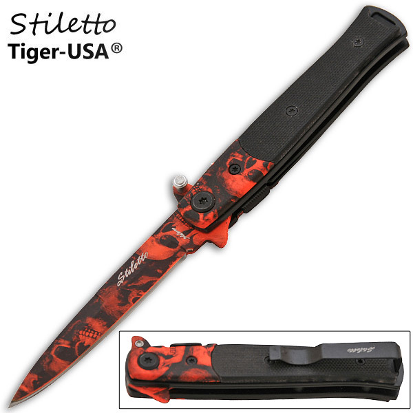 7.75 Inch Z-Slayer Mini Stiletto Knife - Skull Red P-110-SK-RD