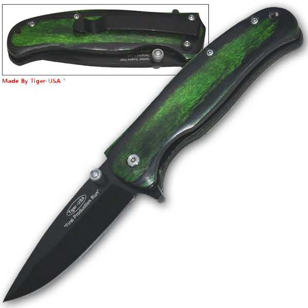 7 Inch "Green Cat" 1045 Surical Steel Fancy Folding Knife W/Clip