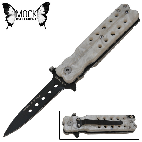 8 Inch stiletto style Butterfly Knife Style Folding Knife White