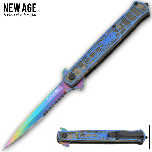 9.5 Inch Trigger Assisted stiletto style - Blue & Grey Spider K-226
