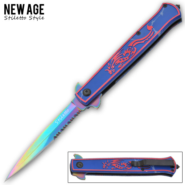 9.5 Inch Trigger Assisted stiletto style - Blue & Red Dragon K-157