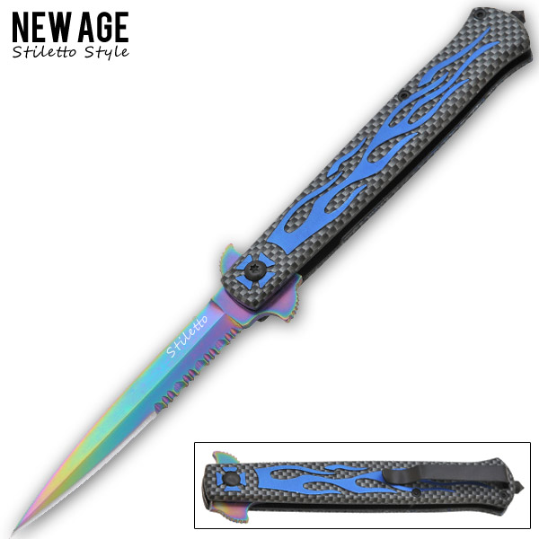9.5 Inch Trigger Assisted stiletto style - Blue & Black Flame K-227
