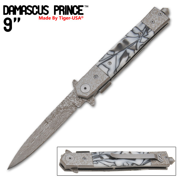 9 Inch "Damascus Prince" stiletto style Style Knife (B&W) IT-609-35