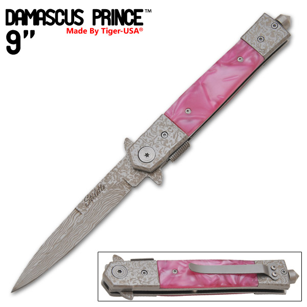 9 Inch "Damascus Prince" stiletto style Style Knife (Pink) T-609-07