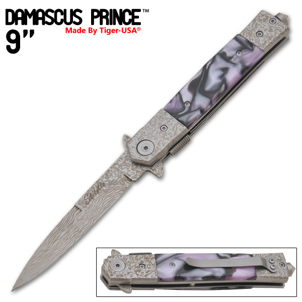 9 Inch "Damascus Prince" stiletto style Style Knife (Purple) IT-609-02