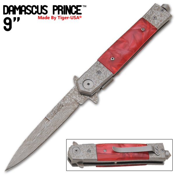 9 Inch "Damascus Prince" stiletto style Style Knife (Red) IT-609-05