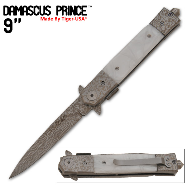 9 Inch "Damascus Prince" stiletto style Style Knife (White) IT-609-17