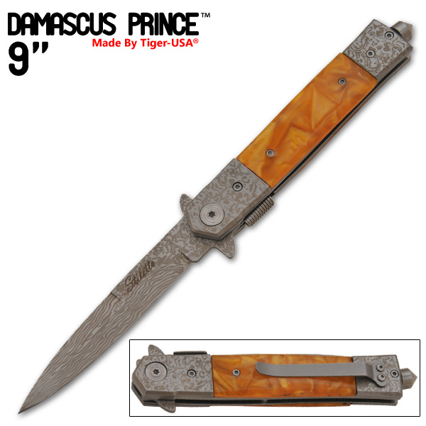 9 Inch "Damascus Prince" stiletto style Style Knife (Yellow) IT-609-13