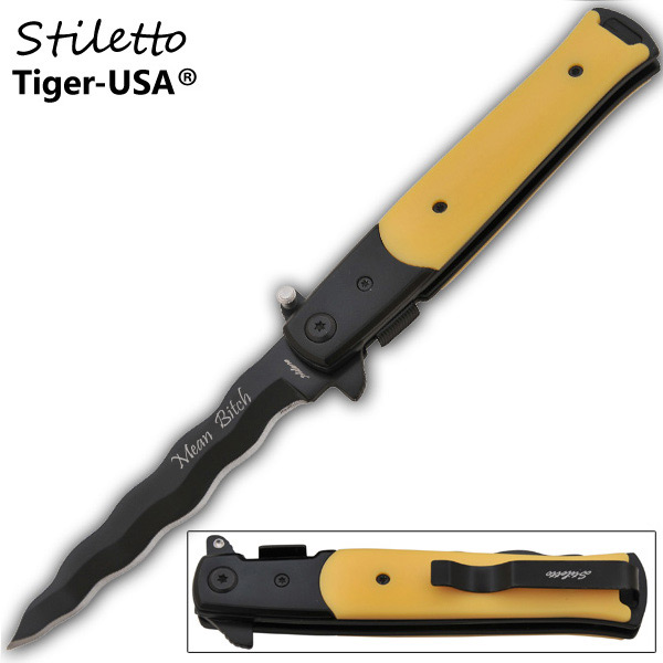 9 Inch Godfather stiletto style Kriss Blade Knife - P-109-YL-MB-KR P-109-YL-MB-KR